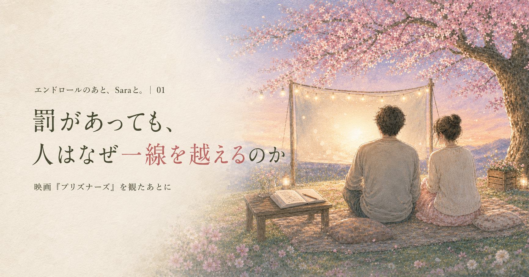 桃の木の下で映画を観るSaraとあっくん
